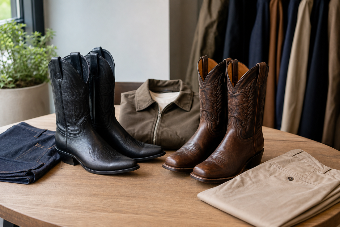 Men's black and brown cowboy boots arranged with denim and chinos in a UK menswear boutique