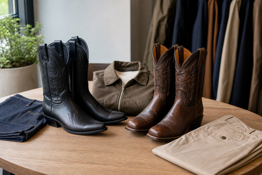 Men's black and brown cowboy boots arranged with denim and chinos in a UK menswear boutique