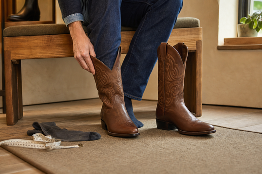 Brown cowboy boots being fitted with socks and a measuring tape in a UK footwear setting