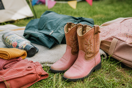 Children's cowboy boots packed with festival clothing for a UK family music festival