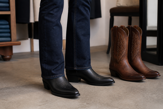 Men's cowboy boots styled under dark bootcut jeans in a premium UK menswear setting