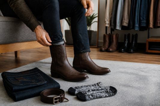 Men's cowboy boots styled with slim jeans in a UK menswear boutique