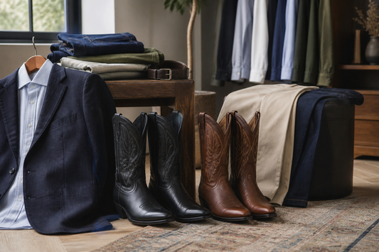 Men's cowboy boots styled with blazer, chinos and dark denim for smart-casual UK outfits
