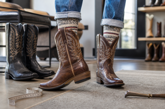 Brown cowboy boots being fitted with socks to check normal heel slip in a UK boutique