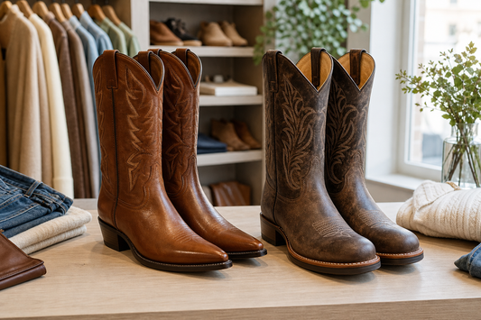 Pointed toe and round toe cowboy boots compared in a UK boutique styling scene