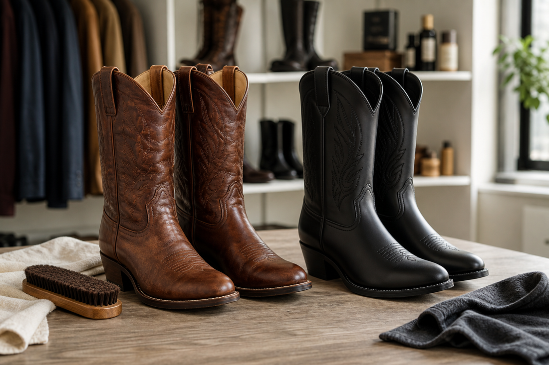 PU leather and genuine leather cowboy boots compared in a UK boutique setting