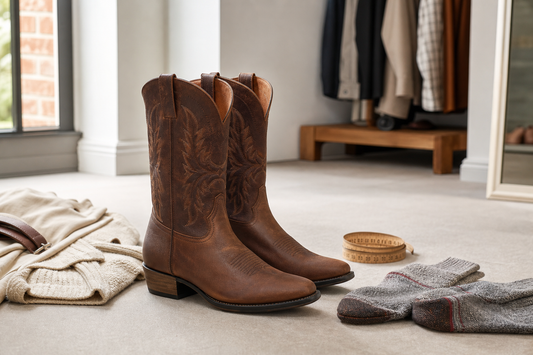 Brown cowboy boots with socks and measuring tape for a UK sizing guide