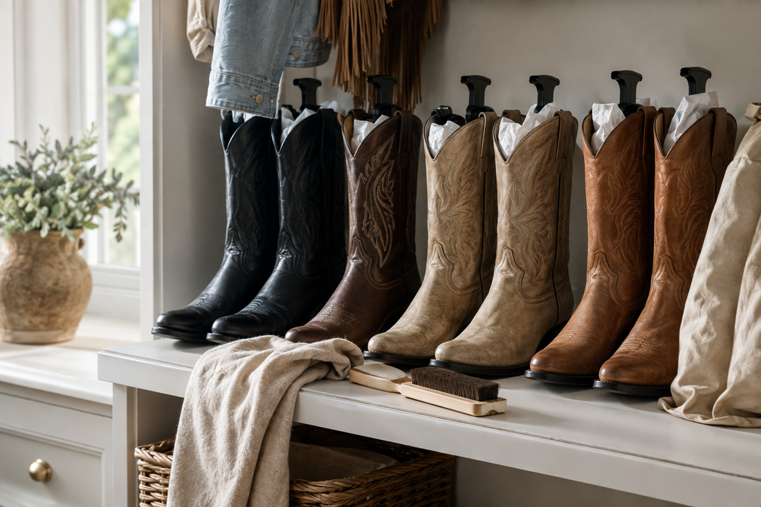 Cowboy boots stored upright with boot shapers and tissue in a UK wardrobe