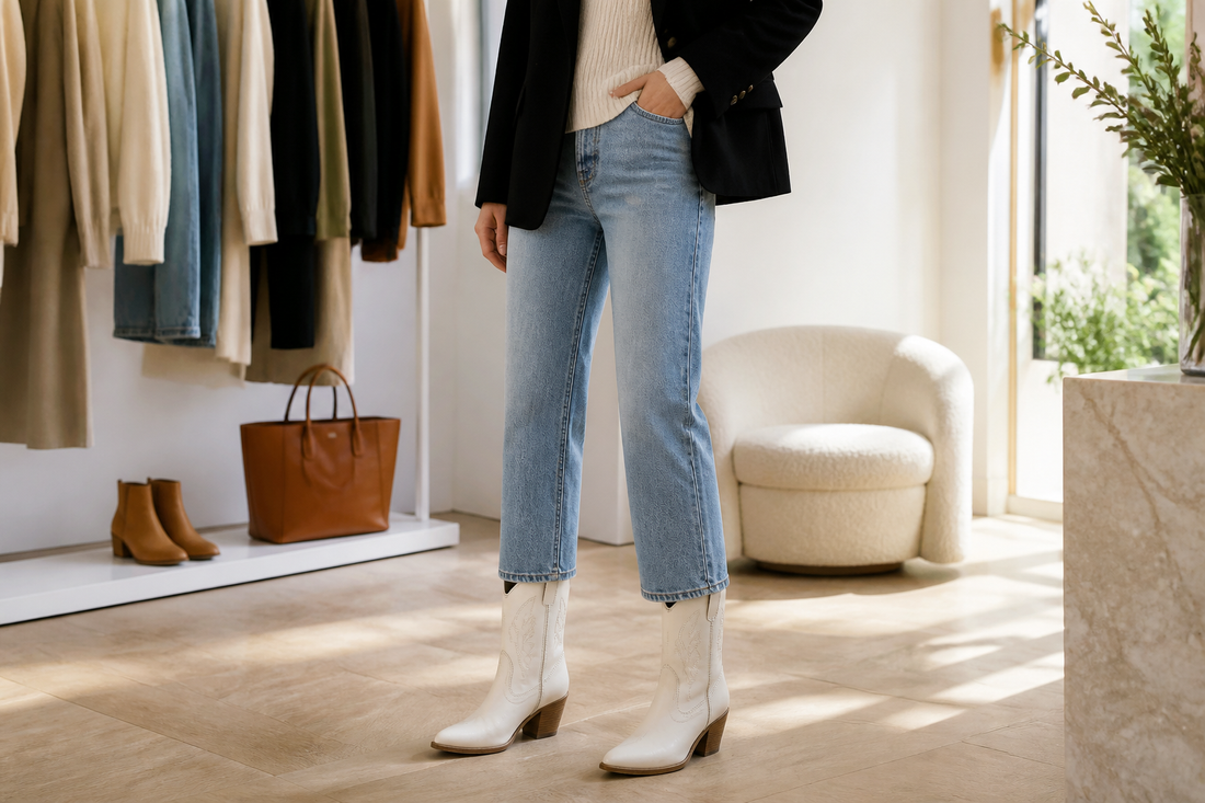 White cowgirl boots styled with denim, cream knitwear and a black blazer in a modern UK wardrobe setting
