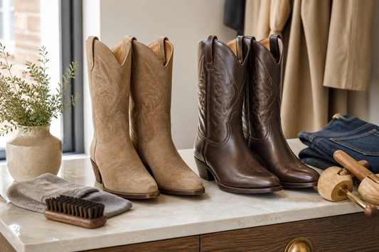 Suede-look and smooth cowboy boots compared on a UK boot care bench