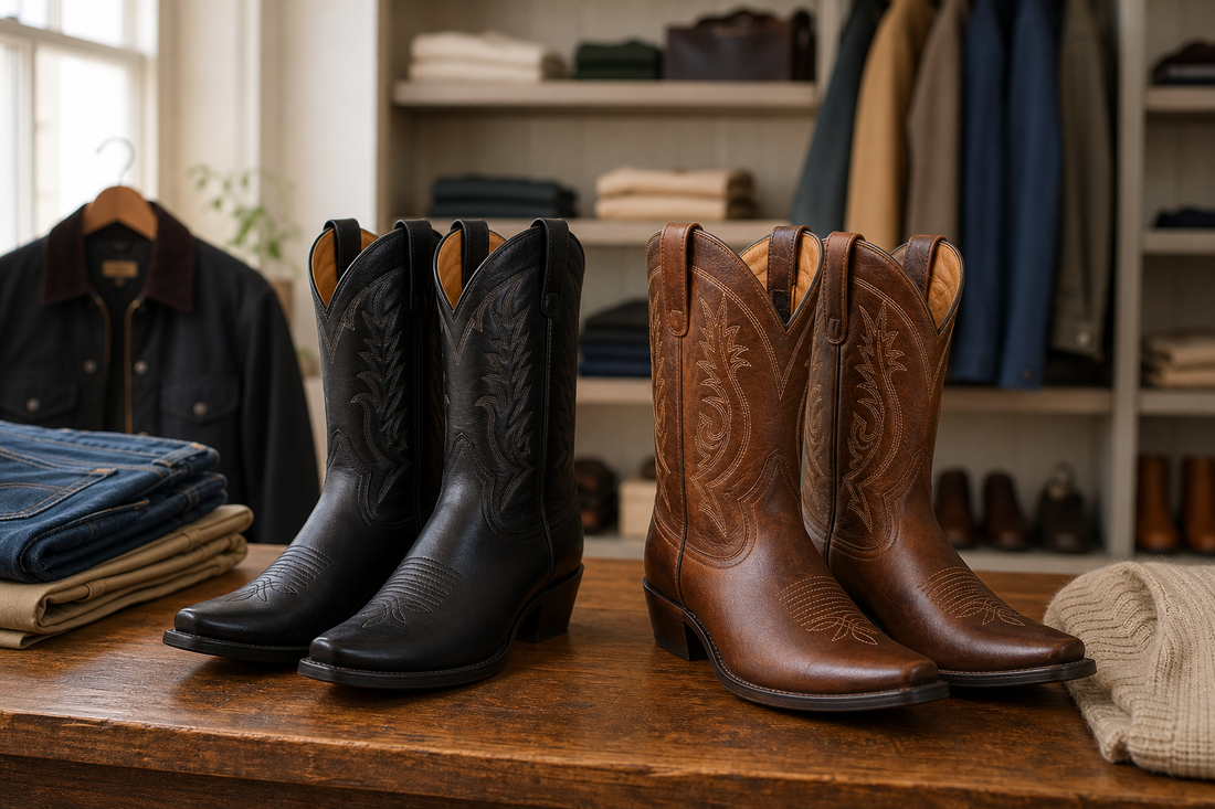 Black and brown men's cowboy boots styled with denim and chinos in a UK menswear boutique