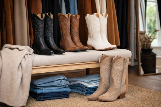 Women's cowboy boots in versatile neutral colours arranged with denim and coats in a UK boutique wardrobe scene