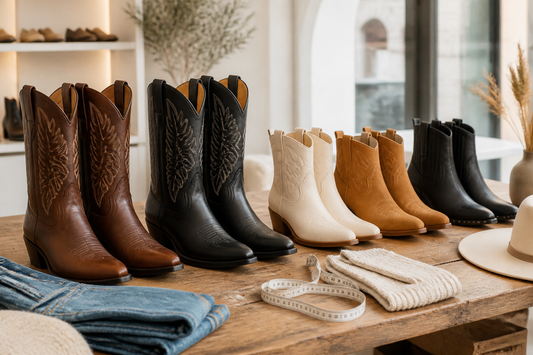 Western boots and classic cowboy boots compared in a UK boutique setting