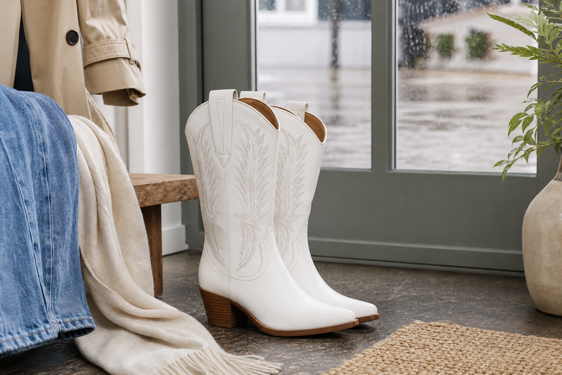 White cowboy boots by a rainy UK doorway with denim and a neutral coat