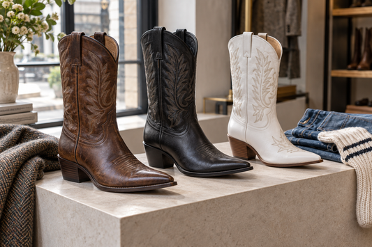 Pointed toe cowboy boots arranged in a UK boutique footwear setting