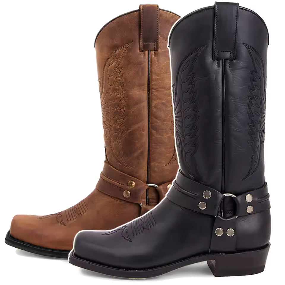 Men's Faux Leather Western Embroidered Mid-Calf Round Toe Cowboy Boots - CB041