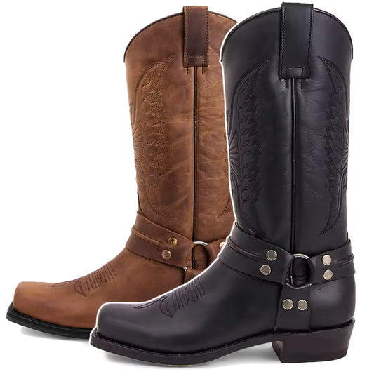 Men's Faux Leather Western Embroidered Mid-Calf Round Toe Cowboy Boots - CB041