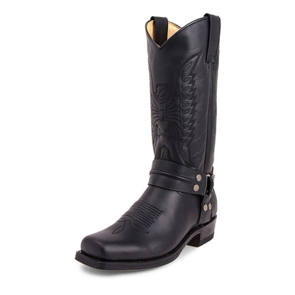 Men's Faux Leather Western Embroidered Mid-Calf Round Toe Cowboy Boots - CB041