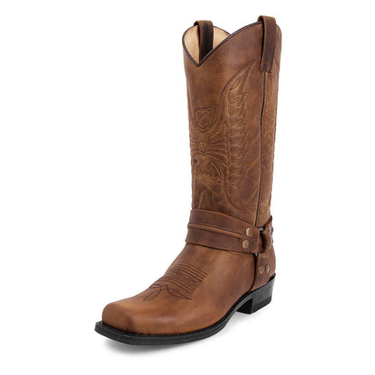 Men's Faux Leather Western Embroidered Mid-Calf Round Toe Cowboy Boots - CB041