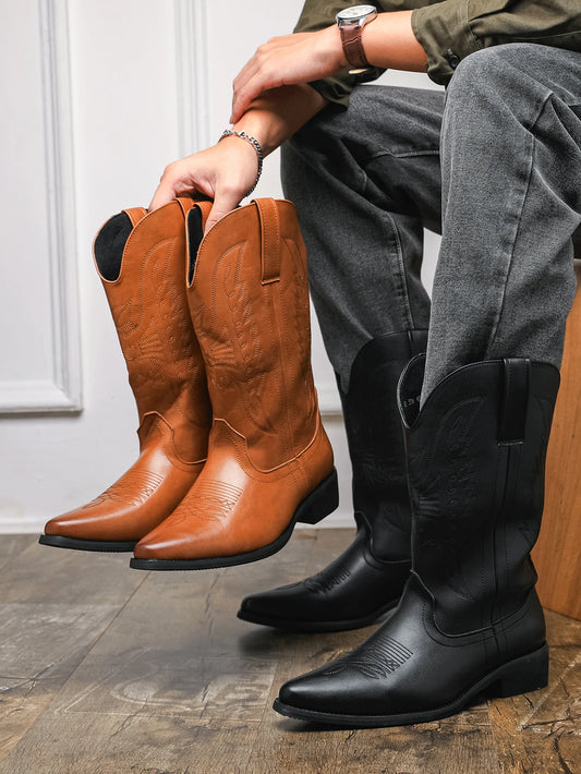 Men's PU Leather Western Embroidered Knee-High Pointed Toe Cowboy Boots - CB018