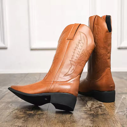 Men's PU Leather Western Embroidered Knee-High Pointed Toe Cowboy Boots - CB018