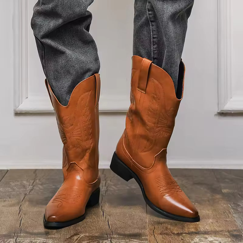 Men's PU Leather Western Embroidered Knee-High Pointed Toe Cowboy Boots - CB018