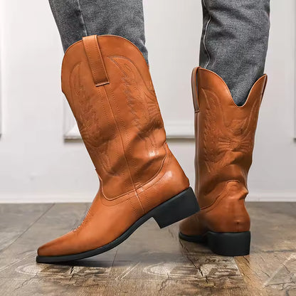 Men's PU Leather Western Embroidered Knee-High Pointed Toe Cowboy Boots - CB018