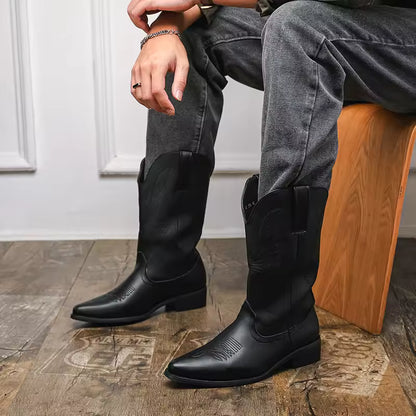 Men's PU Leather Western Embroidered Knee-High Pointed Toe Cowboy Boots - CB018