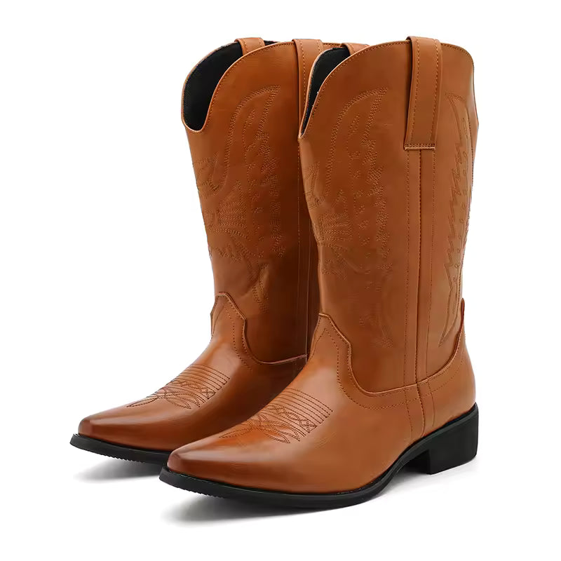 Men's PU Leather Western Embroidered Knee-High Pointed Toe Cowboy Boots - CB018