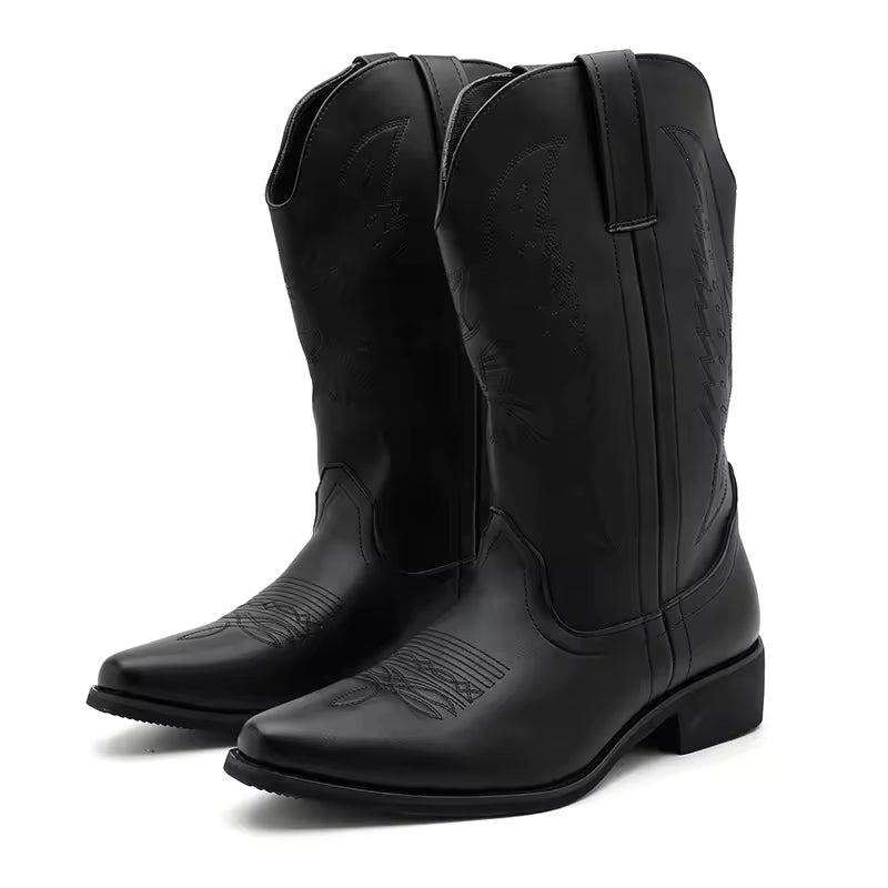 Men's PU Leather Western Embroidered Knee-High Pointed Toe Cowboy Boots - CB018