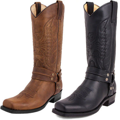 Men's Faux Leather Western Embroidered Mid-Calf Round Toe Low Heel Cowboy Boots - CB017