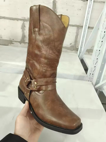 Men's Faux Leather Western Embroidered Mid-Calf Round Toe Low Heel Cowboy Boots - CB017