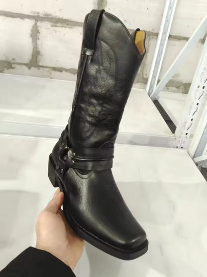 Men's Faux Leather Western Embroidered Mid-Calf Round Toe Low Heel Cowboy Boots - CB017