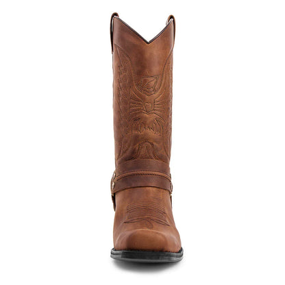 Men's Faux Leather Western Embroidered Mid-Calf Round Toe Low Heel Cowboy Boots - CB017
