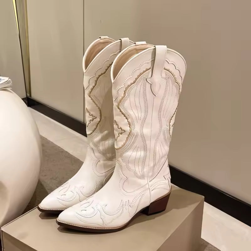 Women's PU Leather Western Embroidered Waterproof Knee-High Pointed Toe Cowgirl Boots - CB040