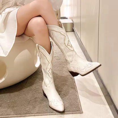Women's PU Leather Western Embroidered Waterproof Knee-High Pointed Toe Cowgirl Boots - CB040