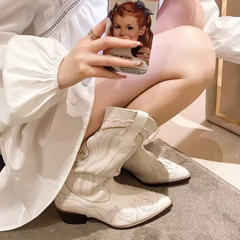 Women's PU Leather Western Embroidered Waterproof Knee-High Pointed Toe Cowgirl Boots - CB040