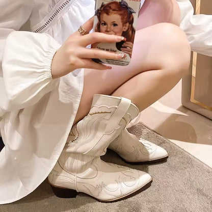 Women's PU Leather Western Embroidered Waterproof Knee-High Pointed Toe Cowgirl Boots - CB040