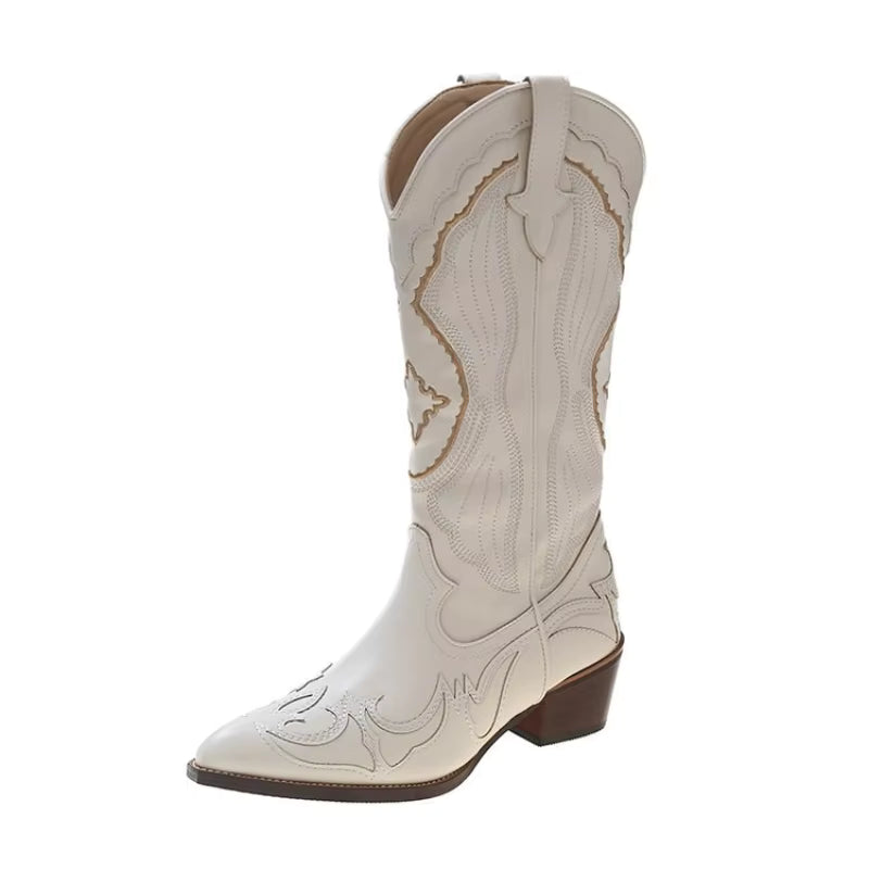 Women's PU Leather Western Embroidered Waterproof Knee-High Pointed Toe Cowgirl Boots - CB040