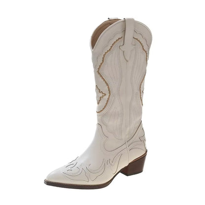 Women's PU Leather Western Embroidered Waterproof Knee-High Pointed Toe Cowgirl Boots - CB040