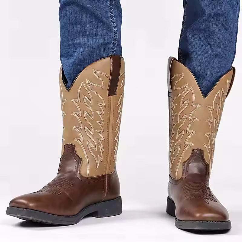 Men's PU Leather Western Embroidered Mid-Calf Pointed Toe Low Heel Cowboy Boots - CB021