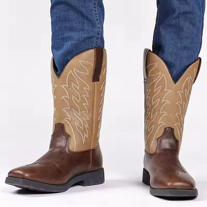 Men's PU Leather Western Embroidered Mid-Calf Pointed Toe Low Heel Cowboy Boots - CB021