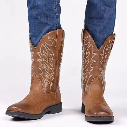 Men's PU Leather Western Embroidered Mid-Calf Pointed Toe Low Heel Cowboy Boots - CB021