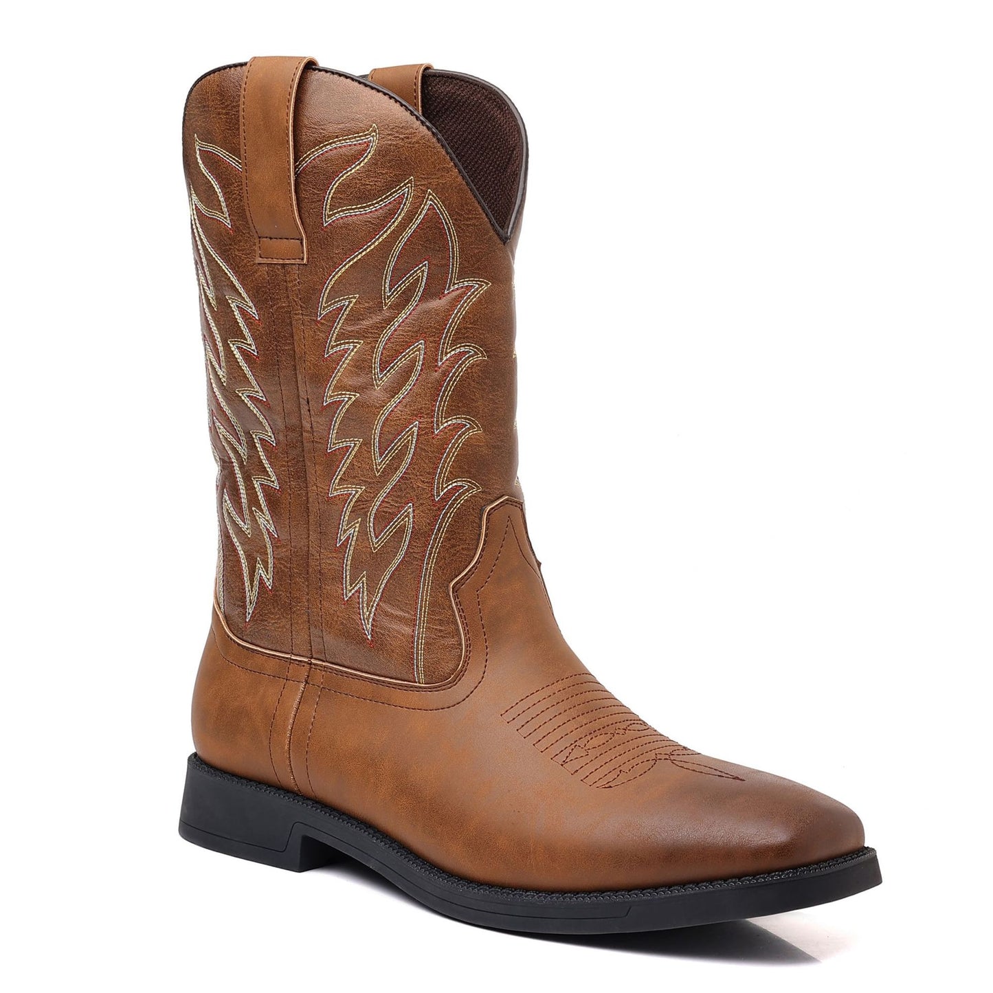 Men's PU Leather Western Embroidered Mid-Calf Pointed Toe Low Heel Cowboy Boots - CB021