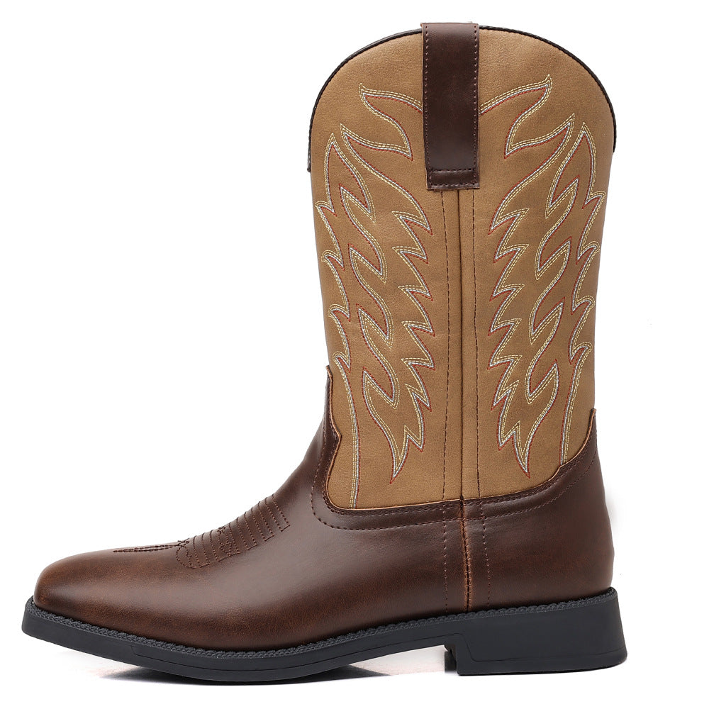 Men's PU Leather Western Embroidered Mid-Calf Pointed Toe Low Heel Cowboy Boots - CB021