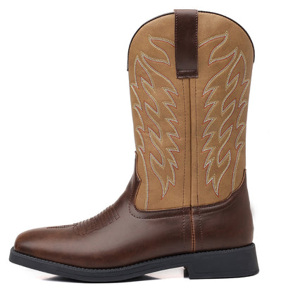 Men's PU Leather Western Embroidered Mid-Calf Pointed Toe Low Heel Cowboy Boots - CB021