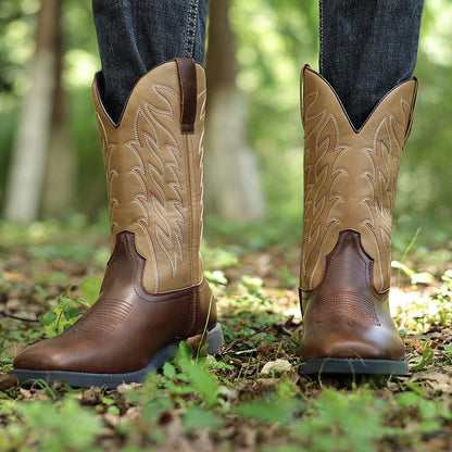 Men's PU Leather Western Embroidered Mid-Calf Pointed Toe Low Heel Cowboy Boots - CB021