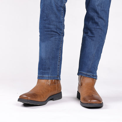 Men's PU Leather Western Embroidered Mid-Calf Pointed Toe Low Heel Cowboy Boots - CB021