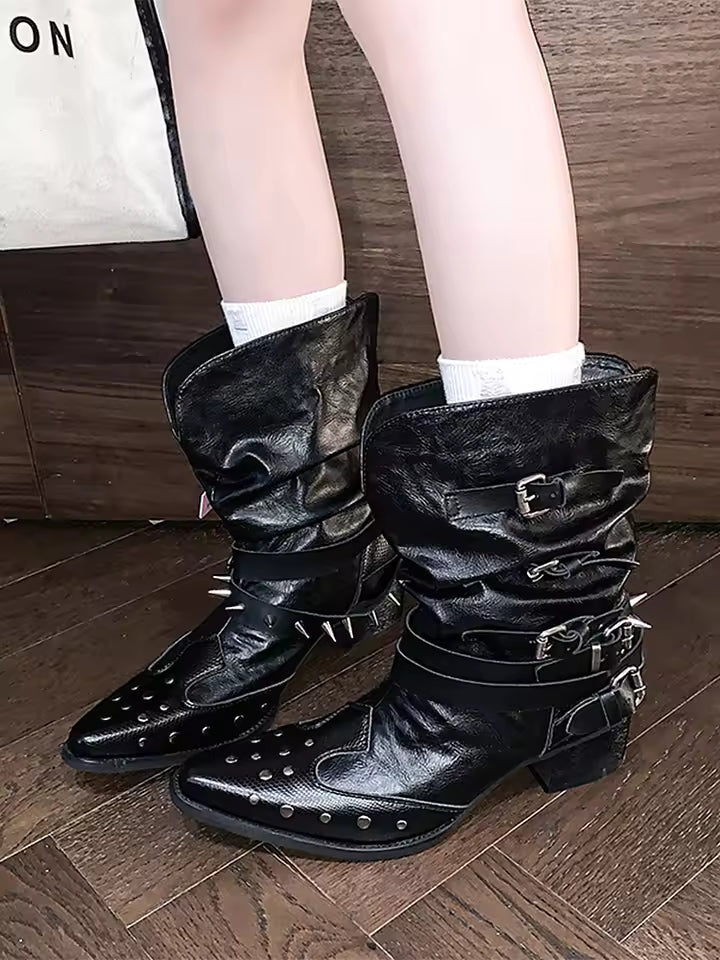 Women's Studded V-Cut Western Pointed Toe High Heel Cowgirl Boots - CB053