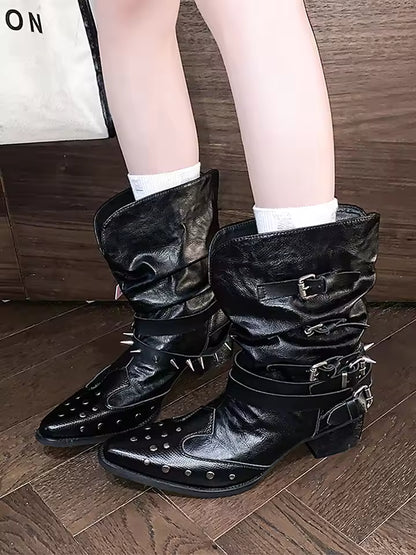 Women's Studded V-Cut Western Pointed Toe High Heel Cowgirl Boots - CB053